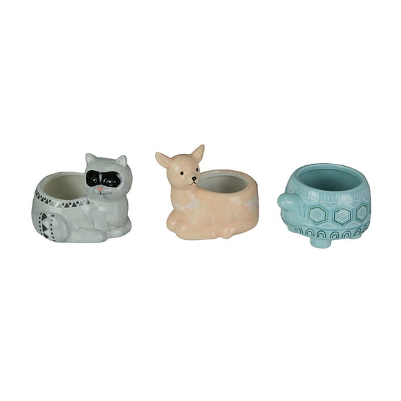 Set of 3 Forest Critters Raccoon Deer and Tortoise Dolomite Ceramic Mini Planters