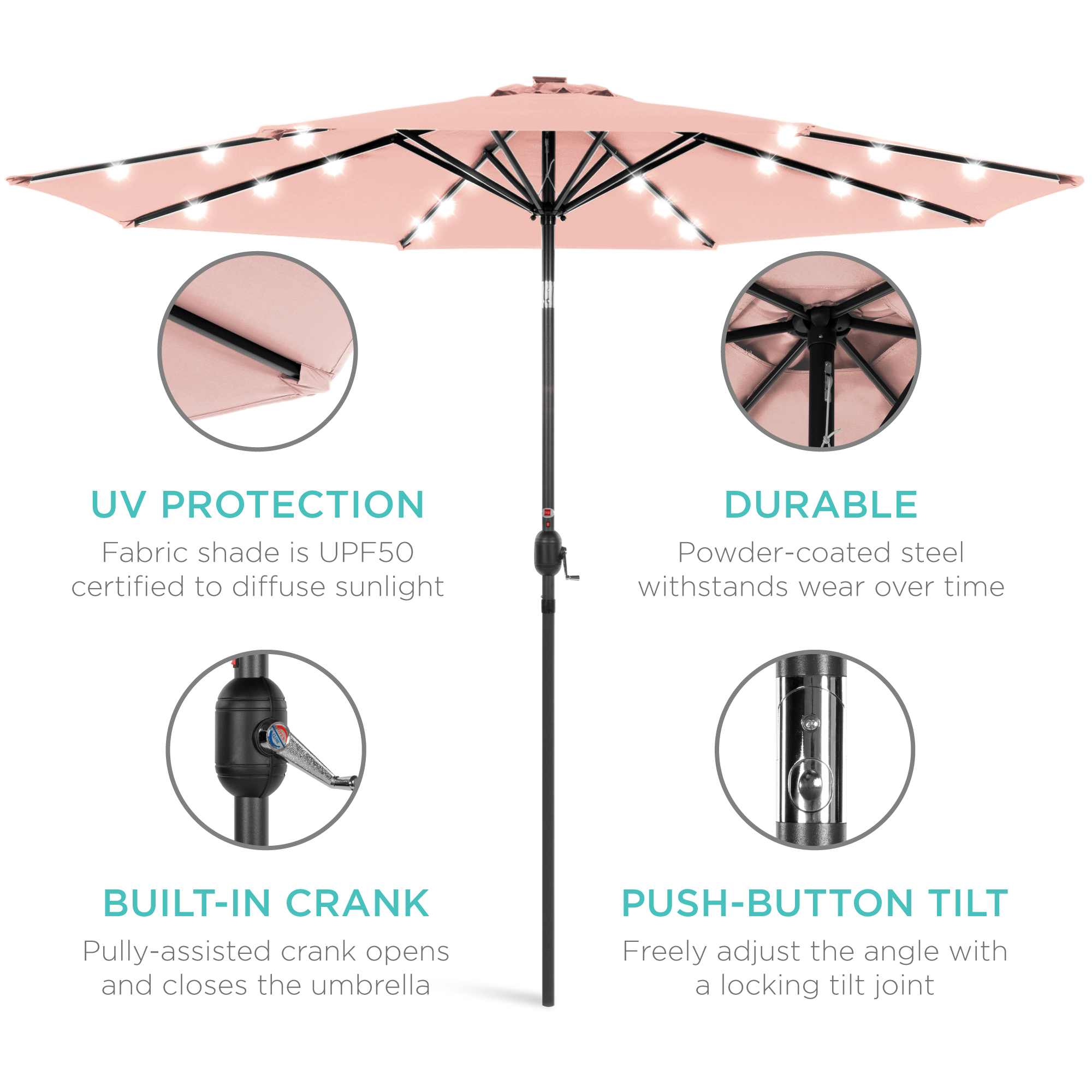 Best Choice Products 10ft Solar LED Lighted Patio Umbrella, Rose Quartz photo 5