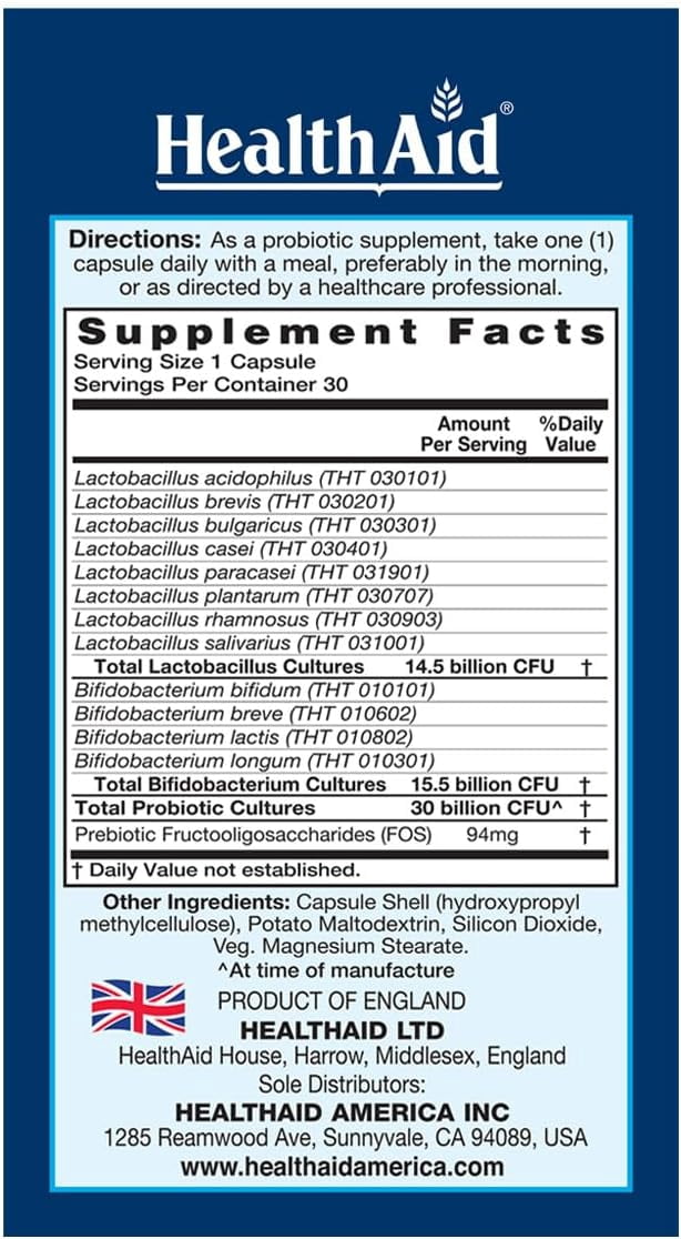 HealthAid Seniorprobio, Once Daily, 30 Billion with Prebiotic, Acid & Bile Resistant, Lactose, Gluten, and GMO Free, Vegetarian, 30 Capsules