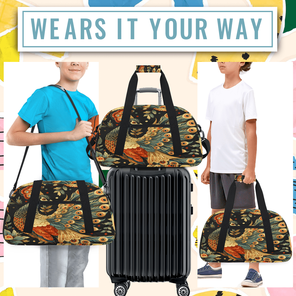 Herdesigns Peacock Sports Duffle Bag for Women & Men, Vintage Bird Gym Bag Dance Bag Overnight Bag Carry On Weekender Travel Bag