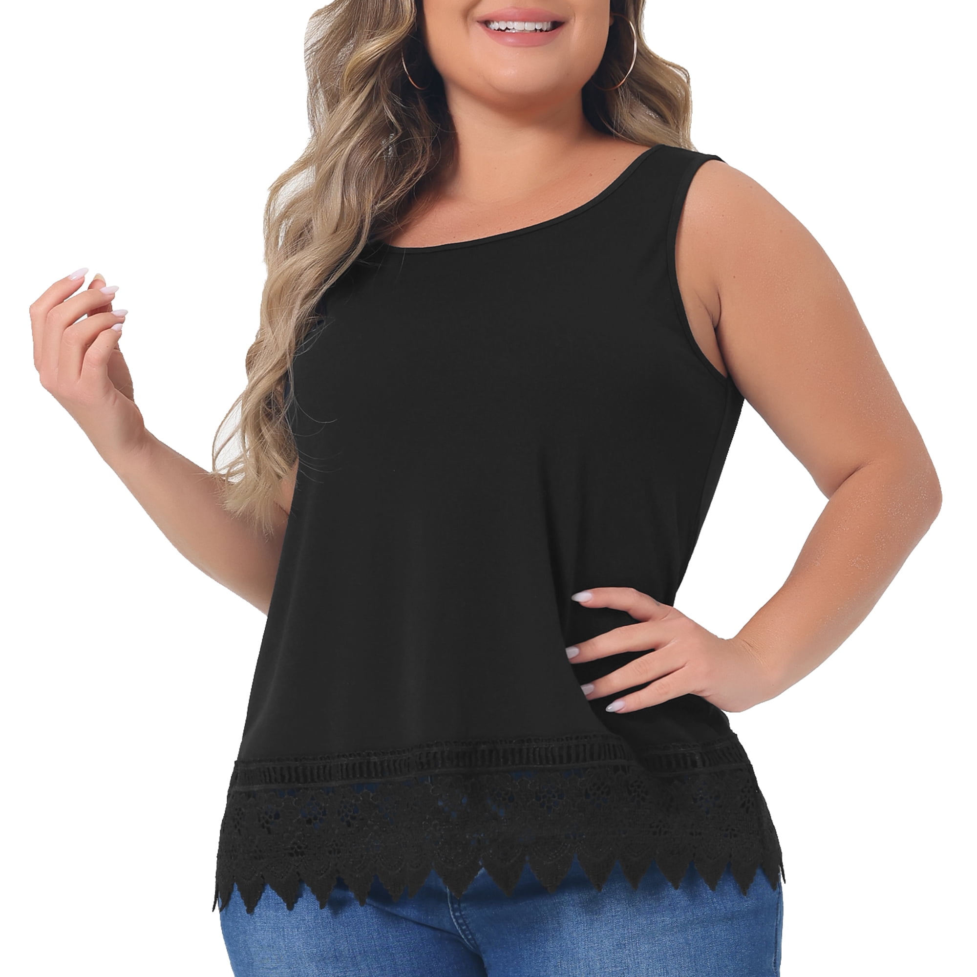 DARING DIVA Women's Plus Tank Tops Round Neck Swing Lace Panel Flowy Tops 2X Black