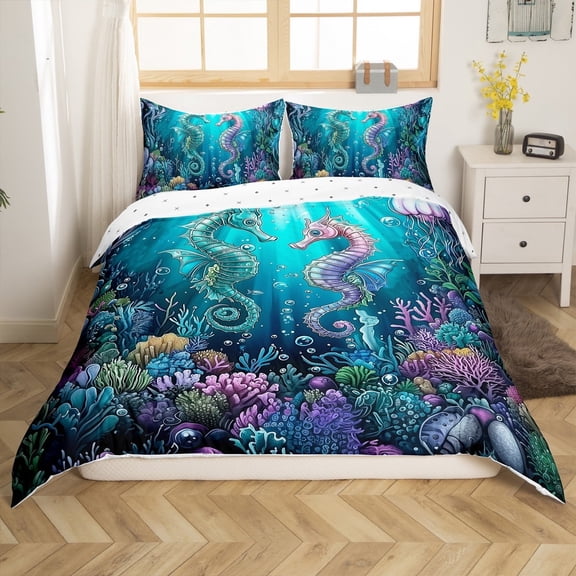 Erosebridal Marine Seahorse Comforter Cover Twin,Underwater World Bedding Twin Size,Peincess Bedroom Decor,Reversible,2-Piece(No Comforter)