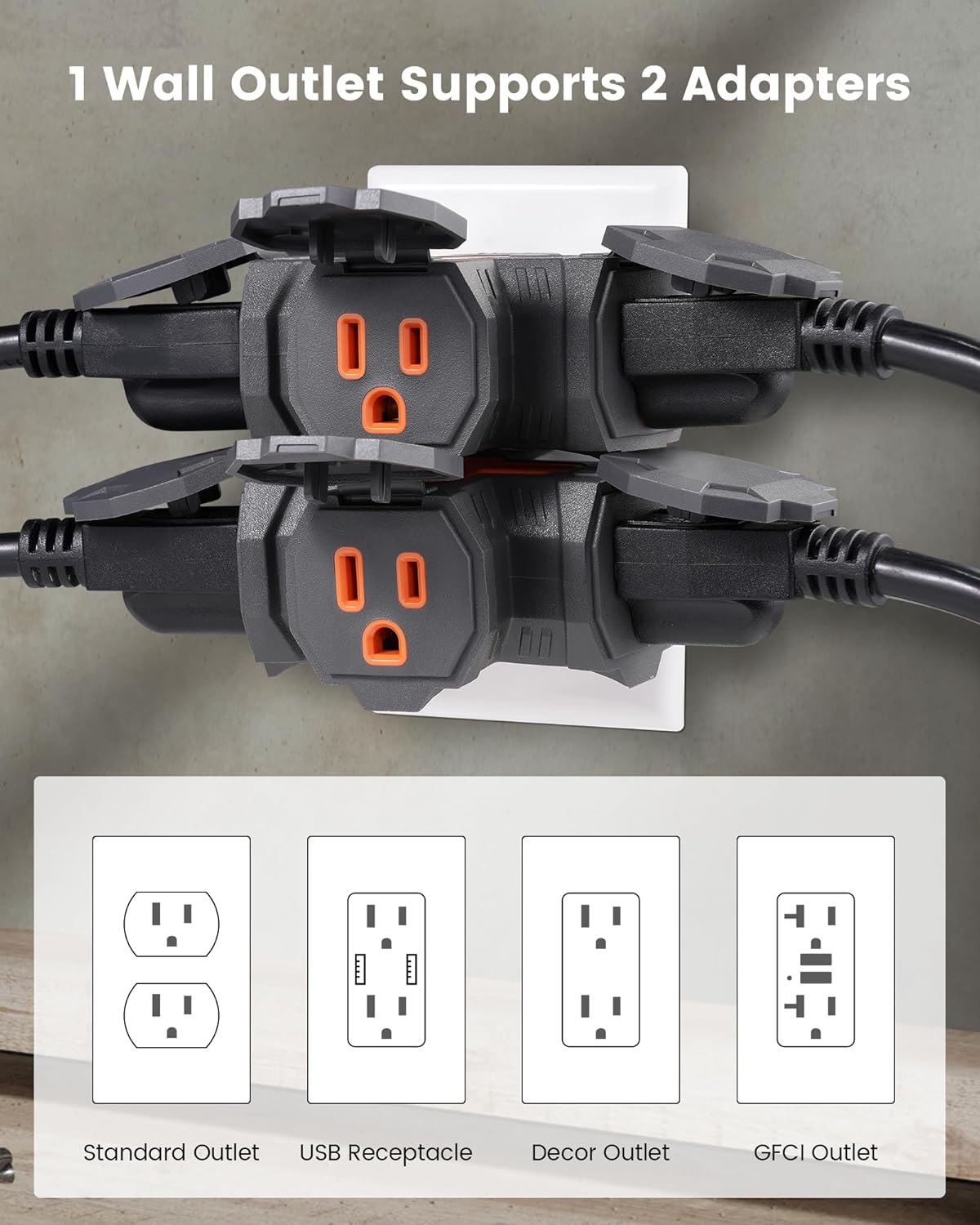 Outdoor 3 Way Plug Adapter, Multi Plug Outlet Waterproof, 1 to 3 Power Splitter, Electrical 15A Multiple Plug Extender with Cover for Outside Garden Garage Cruise, Gray, ETL Listed, 3 Pack