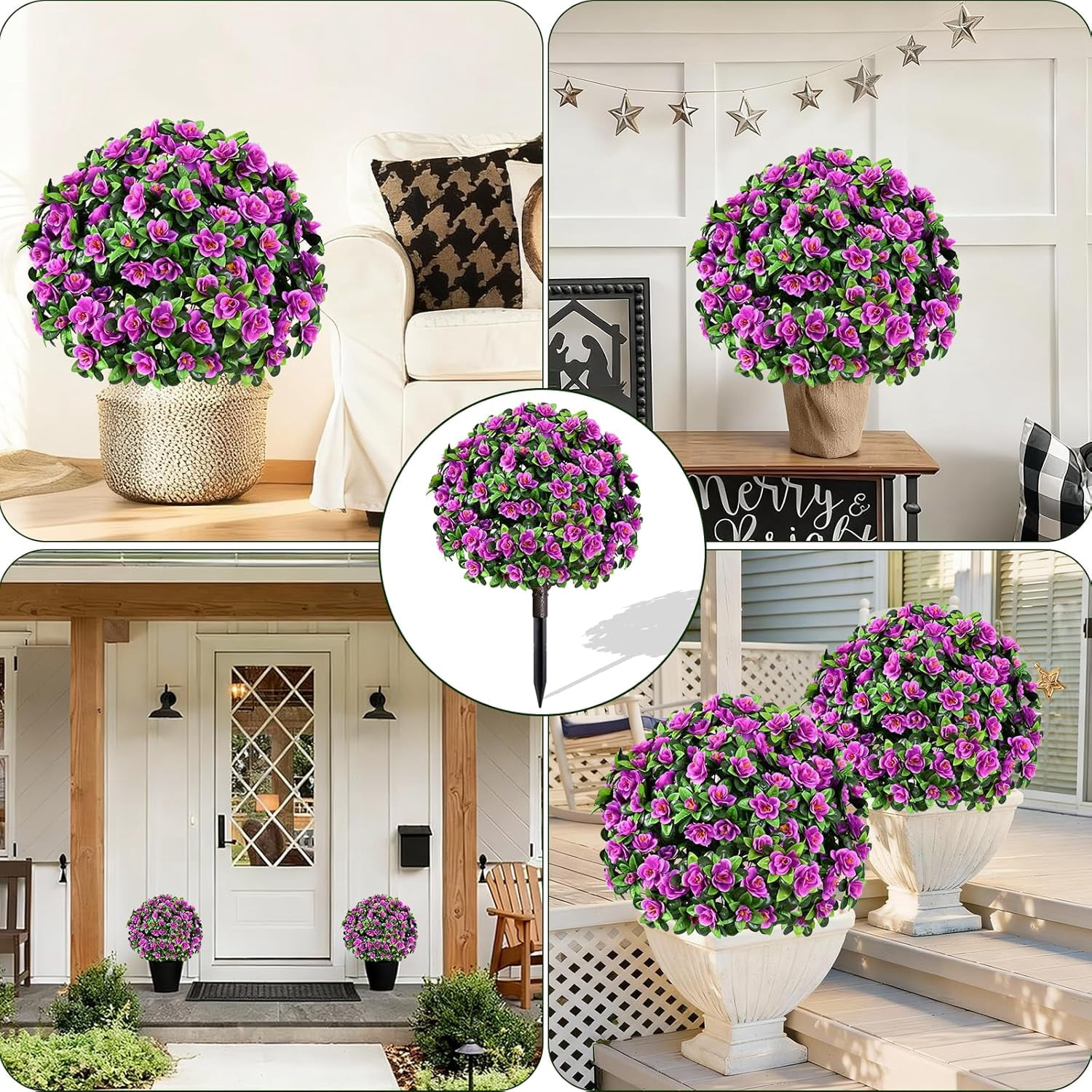 Yastouay 2 Pack Artificial Flowers Topiary with Ground Spikes Fake Bushes UV Resistant Faux Shrubs for Outdoor Garden Decor(Purple)