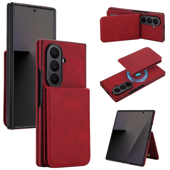 For Samsung Galaxy Z Fold 7 Detachable 2 in 1 Case with Card Holder, Magnetic Wallet Compatible with MagSafe Wireless Charging, Premium PU Leather Flip Cover with Multi-Angle Kickstand, Red