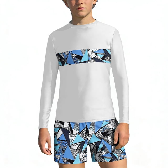 Bathing Suits for Teens Rash Guard Swimsuits Set for Boys Hawaiian Print Long Sleeve Swim Shirt with Swim Trunks Vacation Modest Two Piece Swim Set for 3-14Years