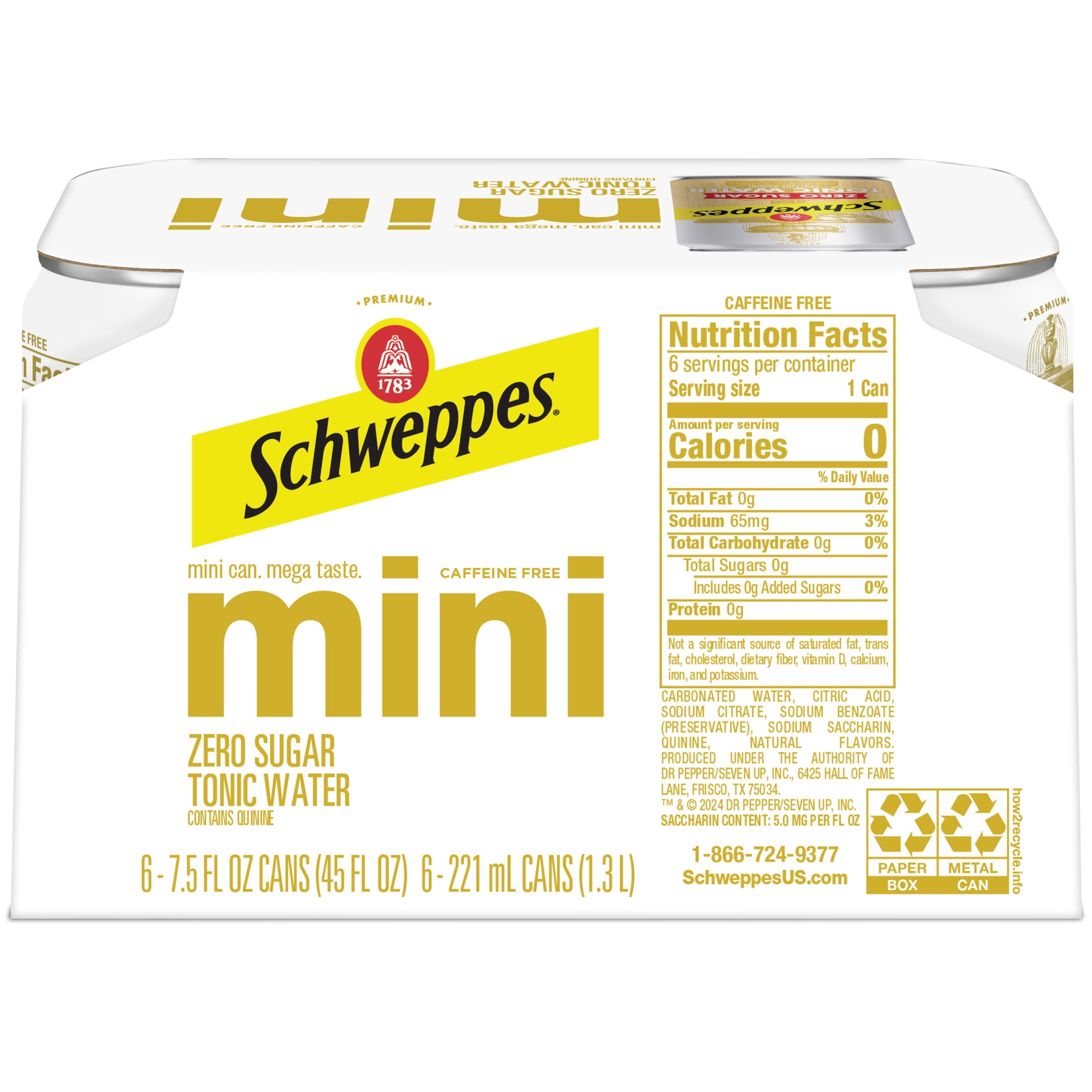 Schweppes Caffeine Free Zero Sugar Tonic Water, 7.5 fl oz, 6 Pack Cans