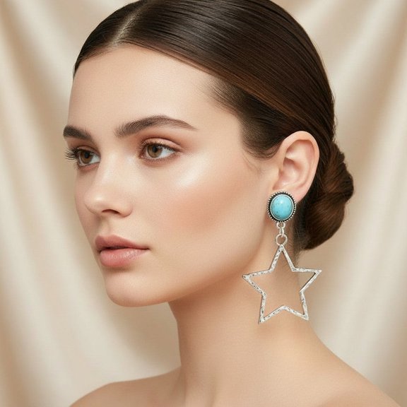 Pierced 2 1/4" silver and turquoise stone dangle cutout star earrings