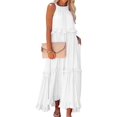 thumbnail image 2 of Women's Resort Style Ruffled Long Dress Round Neck Sleeveless Flowy Beach Dress with Pockets White Garibou S, 2 of 9