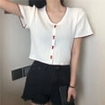 thumbnail image 2 of PIKADINGNIS Womens Summer Knitted T-shirts Tops Fashion Slim Button V-neck Short Sleeve Crop Top Women Sweet Basic Casual T Shirt, 2 of 6