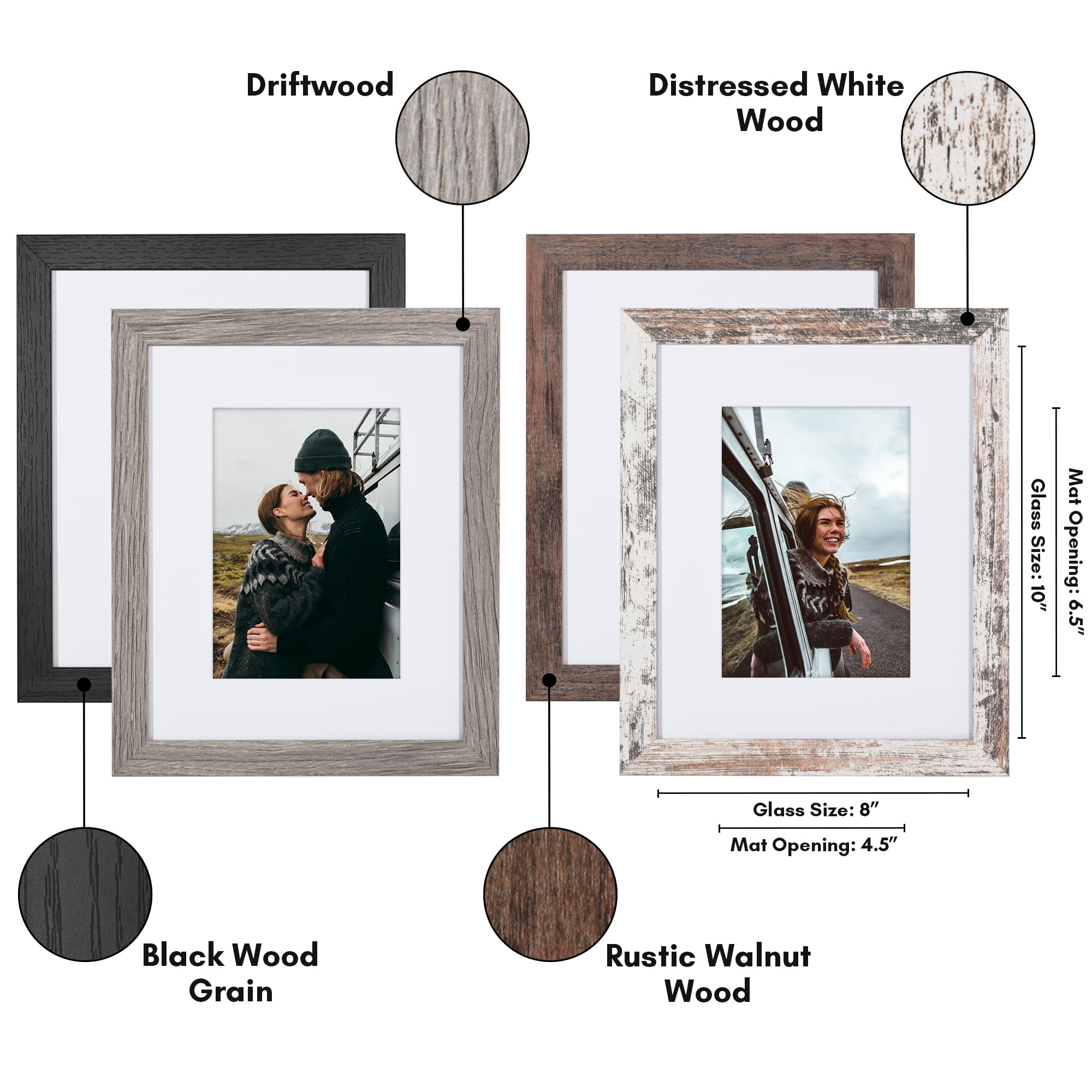 Americanflat 8x10 Picture Frame with 5x7 Mat 4 Pack - Rustic Picture Frames Shatter Resistant Glass and Easel