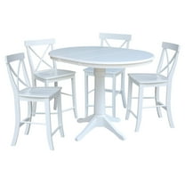 36" Round Counter Height Table with 12" Leaf and 4 X-back Stools – White - 5 Piece Set