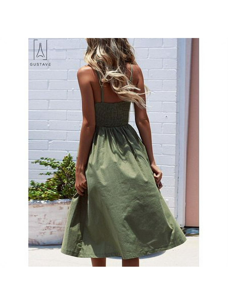 chinese dress ladies Women's summer Deep V- neck button down Linen midi dress 4265 – Xiaolizi main image 0