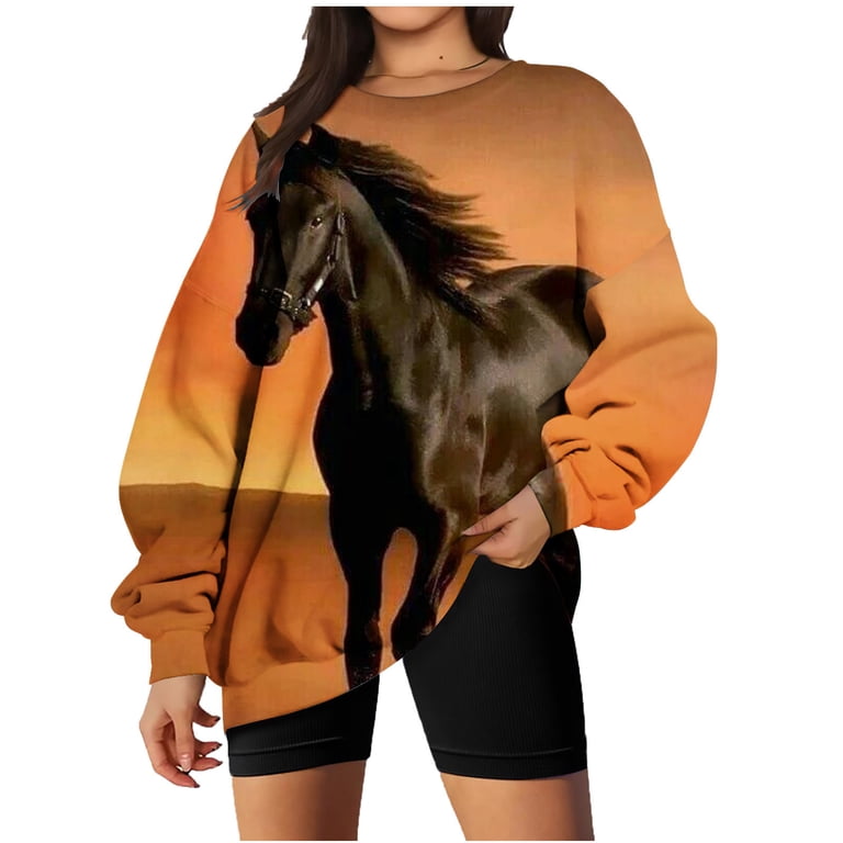 JWZUY Women Crew Neck Loose Fit Oversized Sweatshirt Vintage Western Long  Sleeve Shirts Horse Graphic Print Blouses Pullover Casual Shirt Tee Shirts  Tshirts Tops (Orange M) - Walmart.com