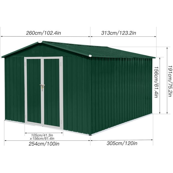 Acekid 10FT x 8FT Metal Outdoor Garden Sheds Large Storage Shed with Double Lockable Door and Sloping Roof for Garden Patio Lawn Green