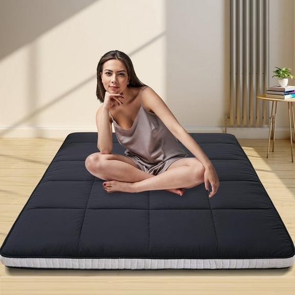 MOPHOTO Black Floor Mattress with Storage Bag Japanese Futon Mattress Extra Thick Folding Sleeping Pad Futon Mattress Portable Camping Mattress, Full
