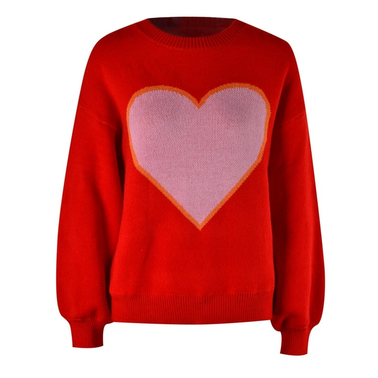 Sweaters For Women Plus Size Big Heart Print Valentine S Day Heart Sweater Round Neck Knitting Pullover Sweater Red L Walmart