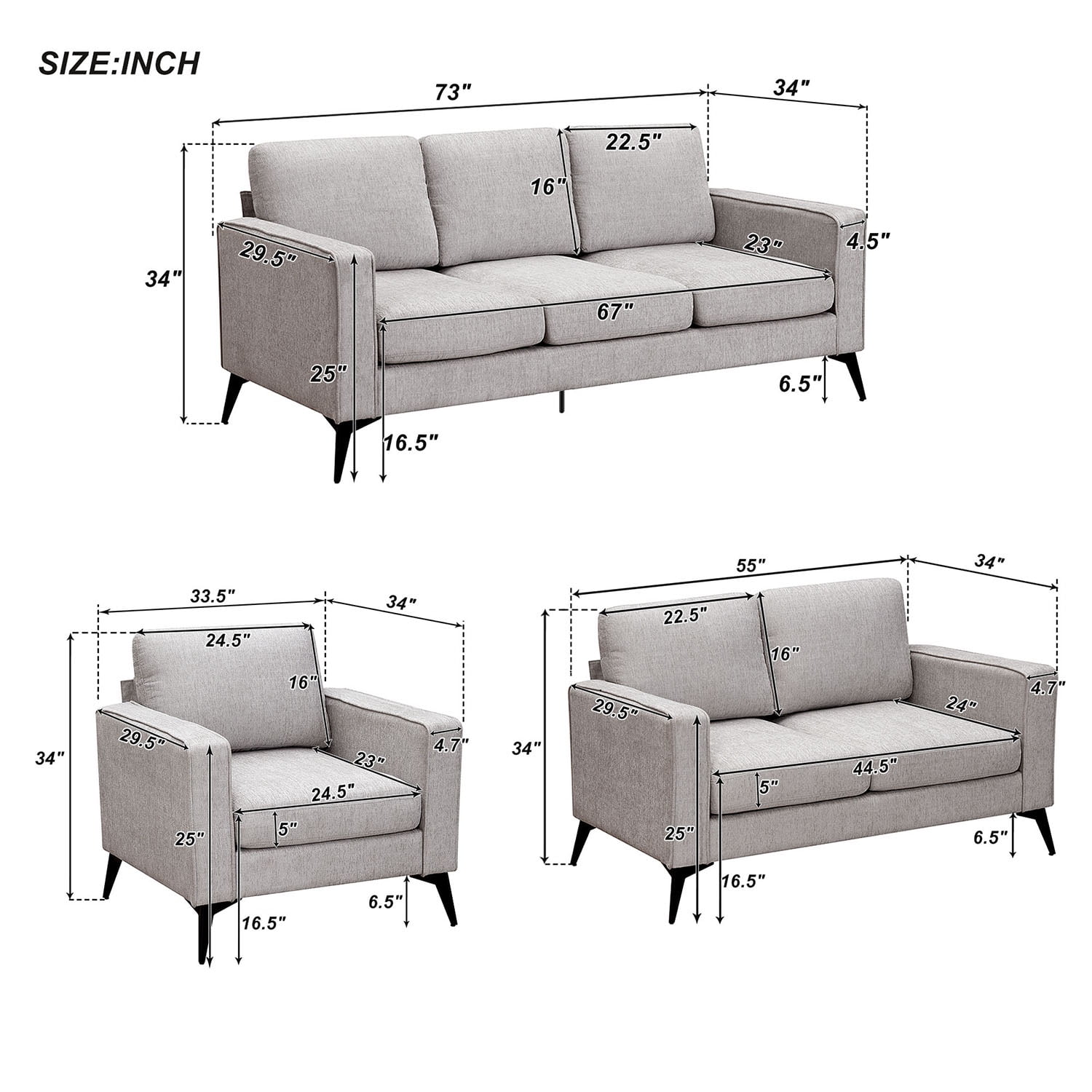 Kadyn Modern 3-Piece Sofa Sets, Upholstered 3-Seat Sofa with Sturdy Metal Legs, Loveseat and Single Chair for Living Room Furniture Set, Beige