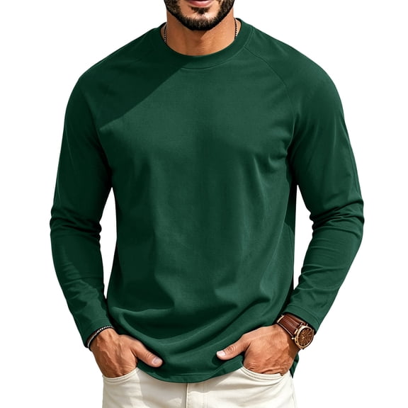 Garbnen S-4XL Men Long Sleeve Shirts Crew Neck Mens Raglan Shirt Casual Basic Relaxed Fit Gym Fall Winter Mens Shirts Big and Tall Green XXL