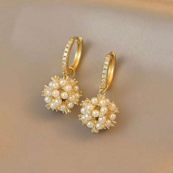Exquisite Pearl Cluster Drop Earrings Golden Hoop Elegance