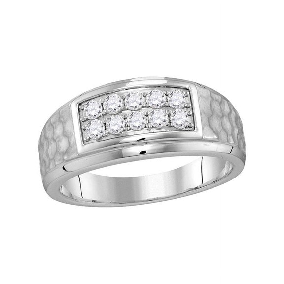 10kt White Gold Mens Round Diamond 2-tone Hammered Wedding Band Ring 1/2 Cttw