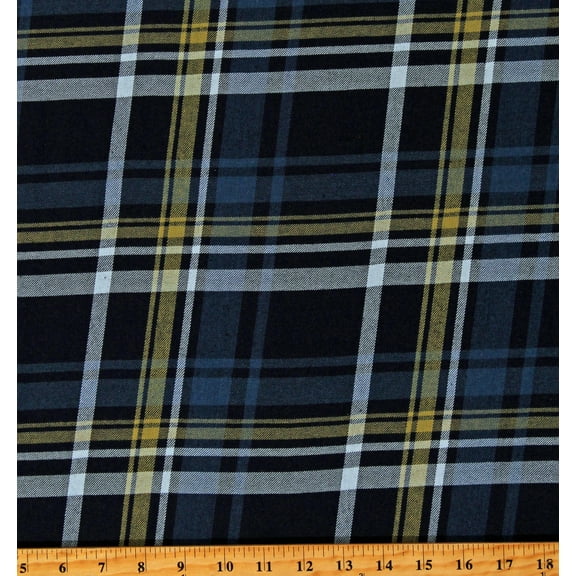 Cotton Robert Kaufman Soft Brushed Yarn Dyed Blue and Gold Plaid Twill Fabric by the Yard (SRK-20750-62INDIGO)