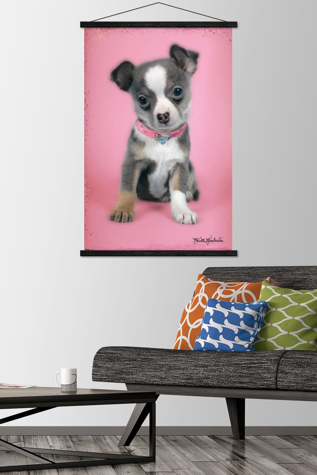 Keith Kimberlin - Puppy on Pink Background Wall Poster with Wooden Magnetic Frame, 22.375" x 34"