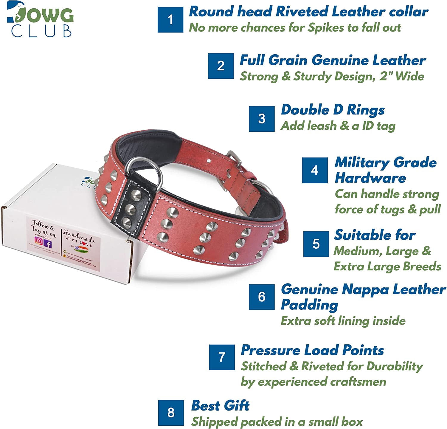 DowgClub | Genuine Leather Dog Collar with Riveted Spikes | Saddle Grade, Full Grain, Heavy Duty | Comfortable, Cushion Padding Inside, Strong | Best for Medium, Large, XL Breeds