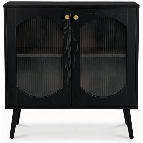Aparador contemporáneo de almacenaje - 2 puertas con vidrio texturizado, estantes, patas de madera, ideal como vitrina o buffet para comedor o pasillo - Color negro