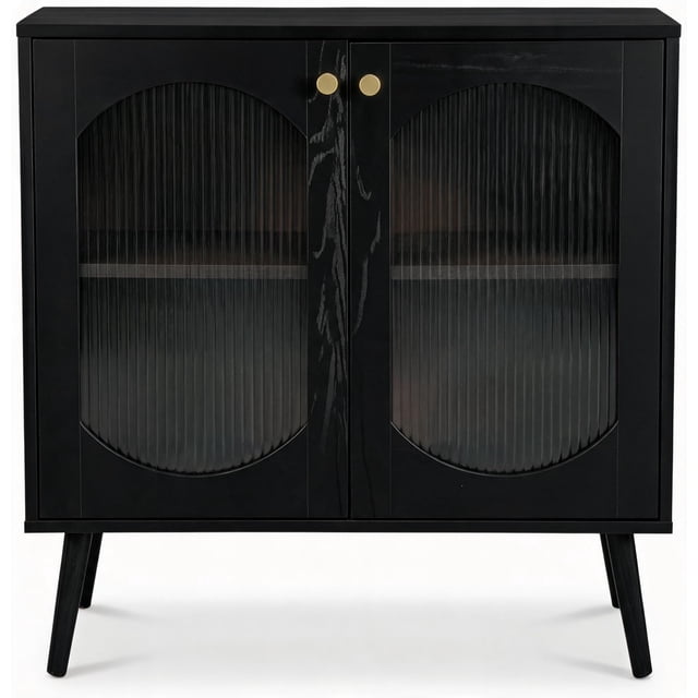 Aparador contemporáneo de almacenaje - 2 puertas con vidrio texturizado, estantes, patas de madera, ideal como vitrina o buffet para comedor o pasillo - Color negro
