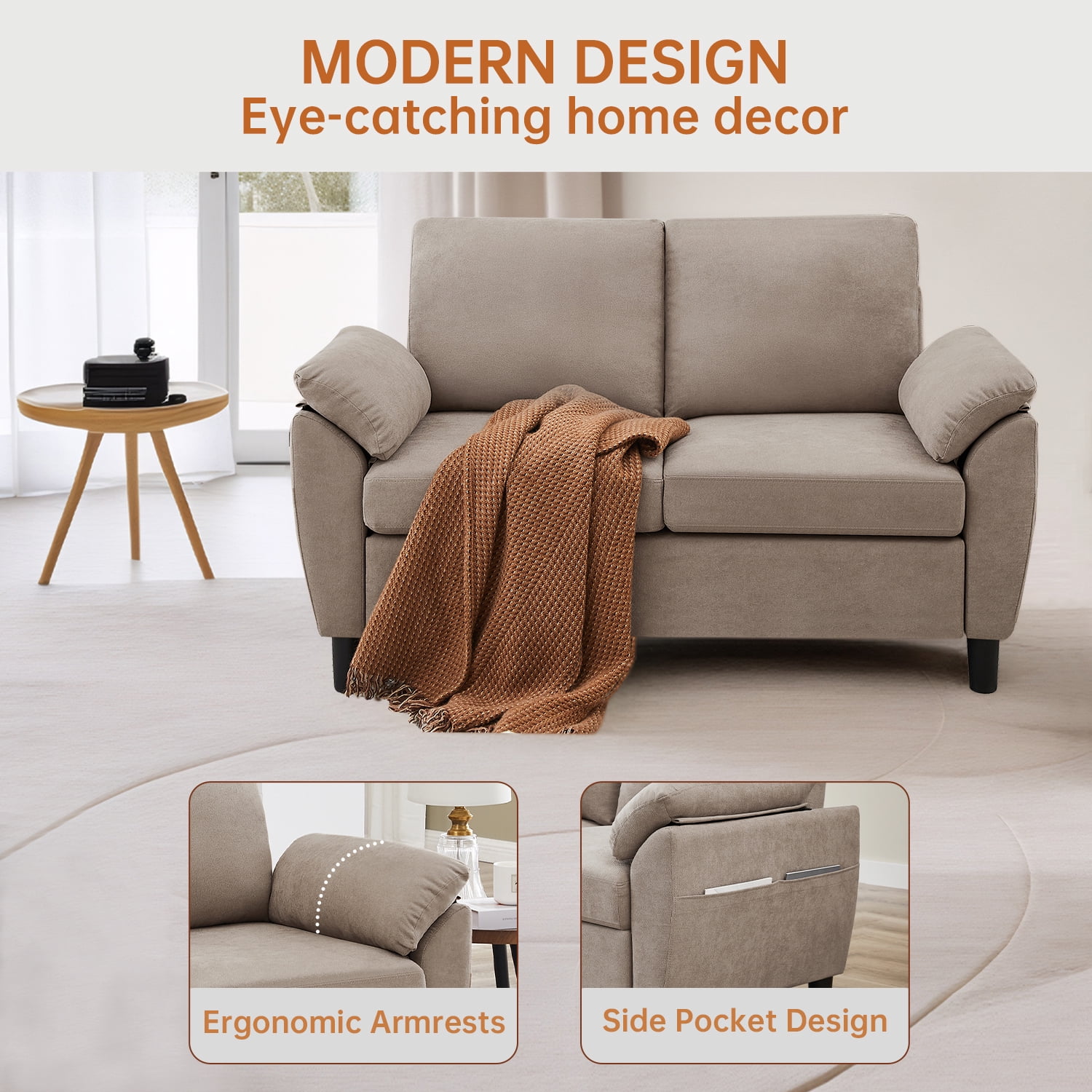 Soscana Loveseat with Storage Side Pockets, 2 Seat Sofa Love Seat Small Couch for Living Room Bedroom Apartment Office Studio,Beige