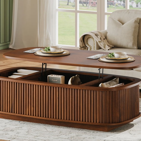 Lift Top Coffee Table, 47.2" Oval Fluted Gas Spring Lift Tabletop with Hidden Storage Shelf for Living Room Home Office,Walnut