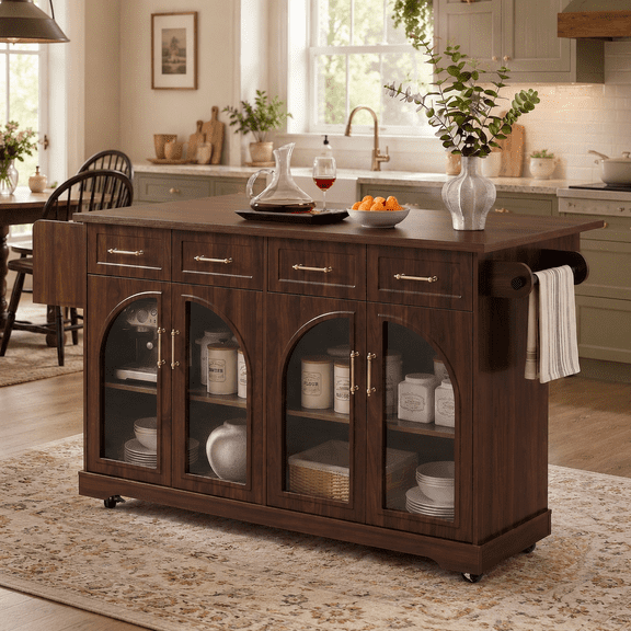 Homy Casa 65.2" Kitchen Island with Storage, Drop Leaf, Power Outlet and Arched Glass Doors, Walnut Brown