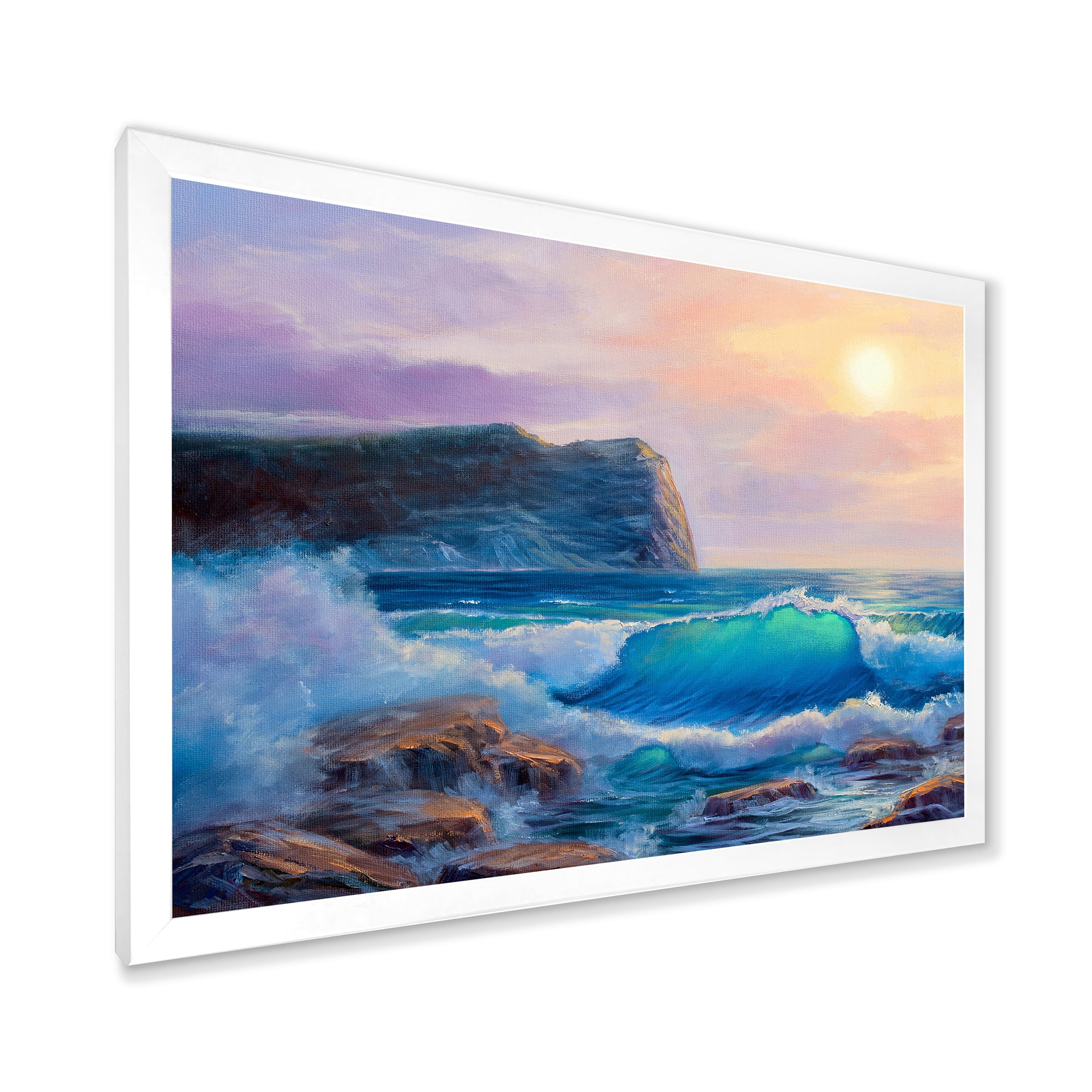 Designart 'Blue Waves Breaking At The Beach Landscape III' Nautical & Coastal Framed Art Print