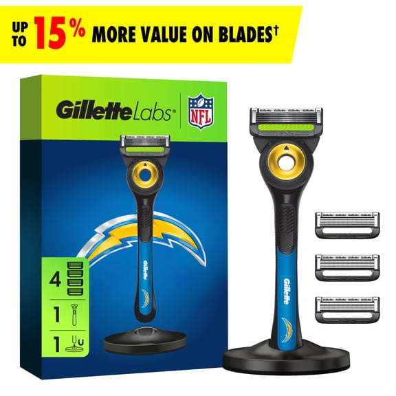 Gillette Labs Official Chargers Licensed Razor for Men, Perfect for Game Day Grooming, Gillette Labs with Exfoliating Bar, 1 Handle, 4 Blade Refills, with Magnetic Stand