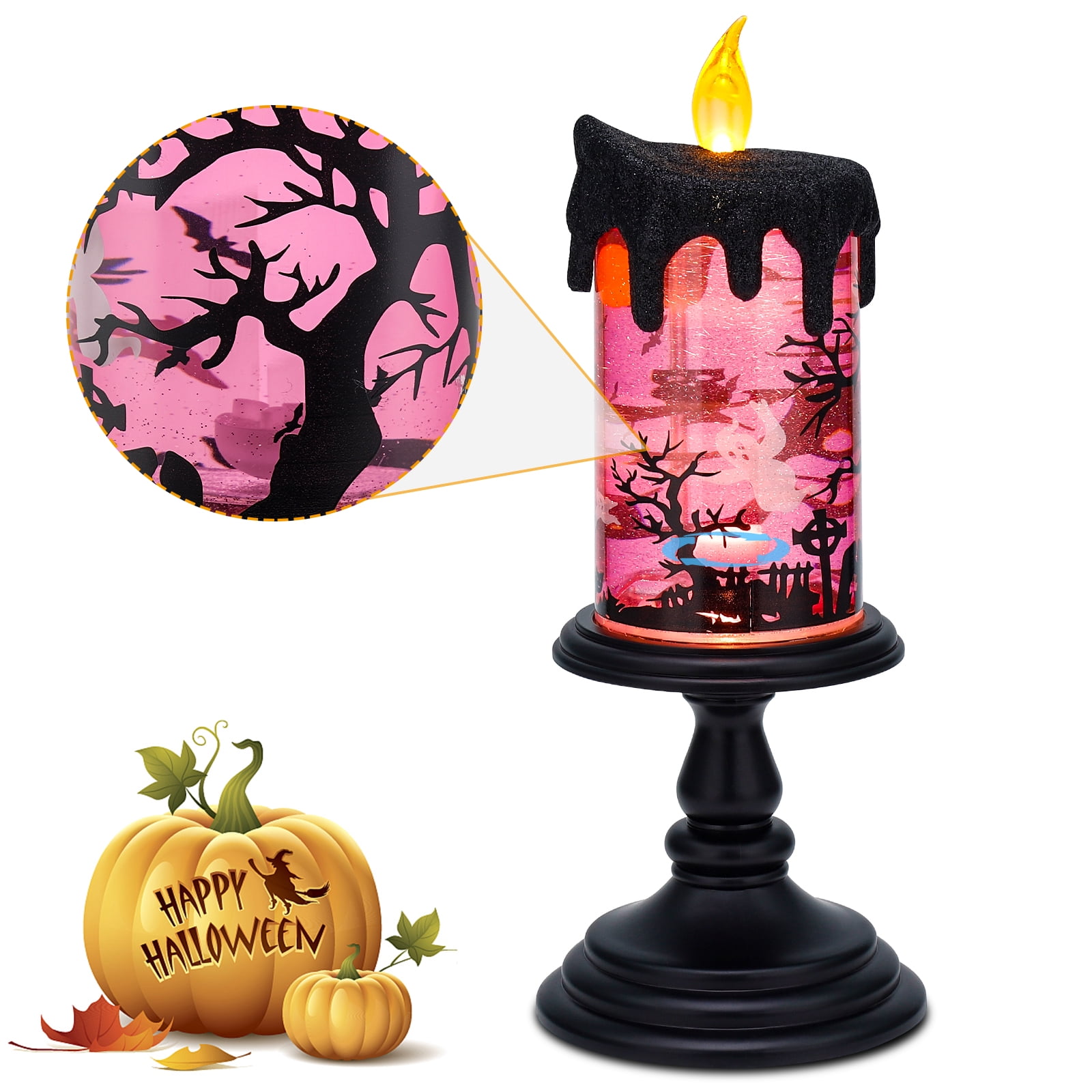 Halloween Snow Globe Candles Lighted Lamp, Lighted Flameless Candles with Water Glitter Swirls and Spooky Moving,Battery Operated