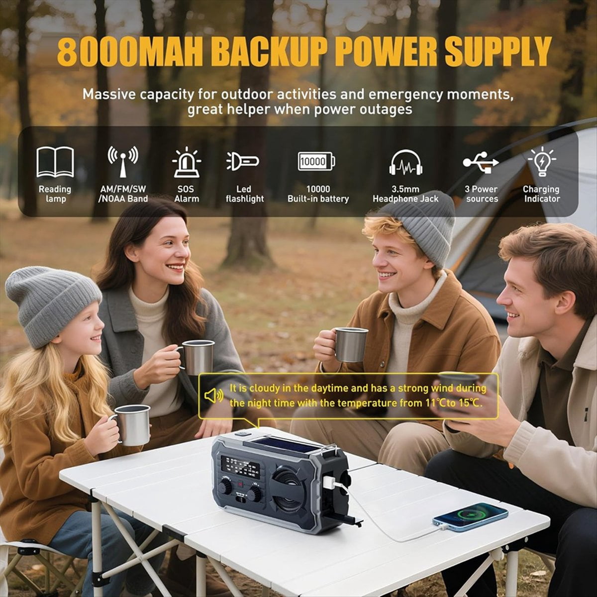 Emergency Weather Radio, 8000mAh Solar & Hand Crank Radio with AM/FM/NOAA, SOS Alarm, Phone Charger, for Outdoor & Home,1 * Radio,Grey