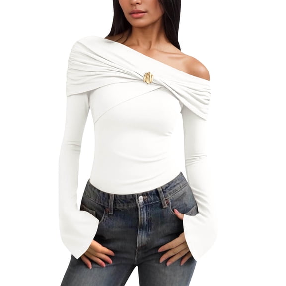 Oplxuo Womens Sexy Off Shoulder Tops Dressy Long Sleeve Slim Fitted Crop Shirts Casual Pleated Solid Color Going Out Blouses