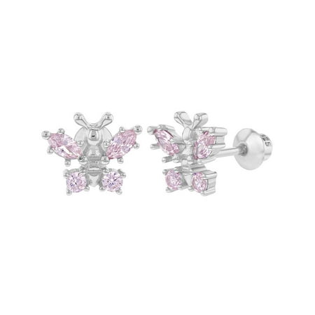 Small Butterfly Earrings - 925 Sterling Silver Pink CZ Small Butterfly Screw Back Earrings for Kids Girls