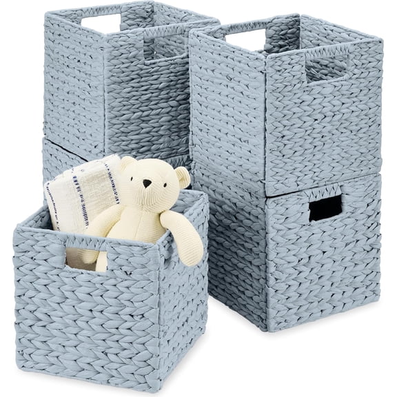 PRZL 10.5x10.5in Pack of 5 Cube Storage Baskets, Water Hyacinth Multipurpose Collapsible Organizers, Handwoven Toy Storage Totes for Kids Room, Nursery & Living Room - Blue