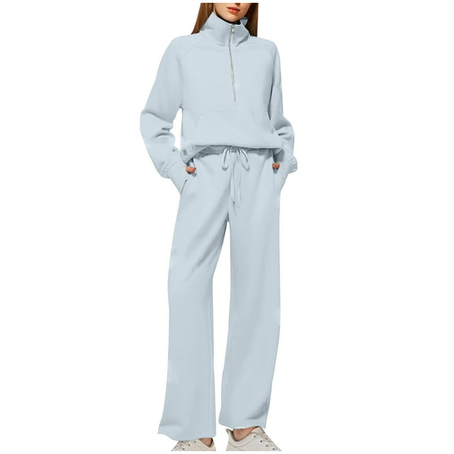 Posijego Ensemble 2 Pcs pour Femme Décontracté Demi-Glissière Chandails à Manches Longues Pantalons à Jambes Larges Tenues de Détente Unies
