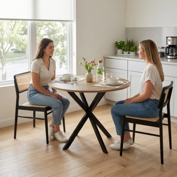 31.5 Inch Round Dining Table, Small Kitchen Table for 2-4 People, Space Saving Circle Table with Metal Legs, Modern Rustic Brown
