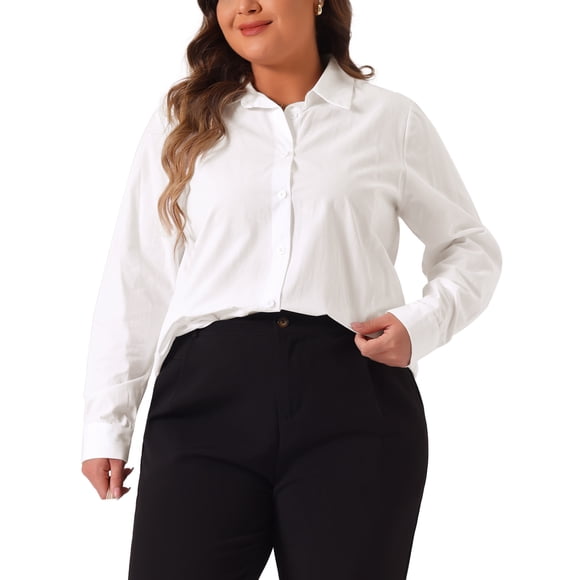 Camisas de mujer de talla grande GRACE & GRANDEUR, con botones, de algodón, cuello de pie, de manga larga, blusas formales sólidas para trabajo, talla 2X, color blanco
