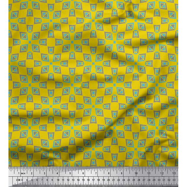 Soimoi Yellow Cotton Jersey Fabric Square & Triangle Geometric Print Fabric by Yard 58 Inch Wide