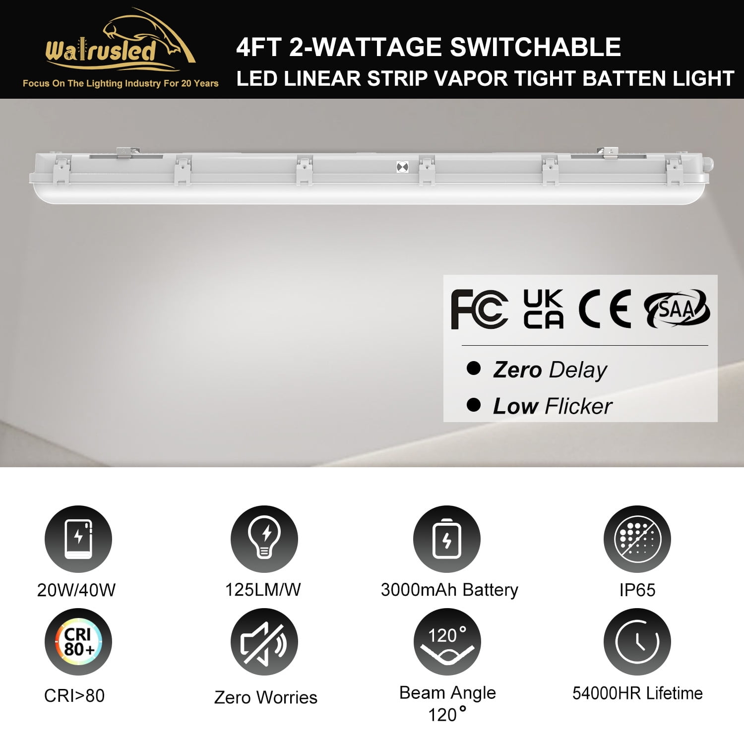 4FT LED Vapor Tight Emergency Light, Battery Backup IP65 IK08 20W/40W 125LM/W LED Vapor Proof Fixture, 5000K, 100-277V, 0-10V Dimmable 4 Foot Waterproof LED Outdoor Shop Light Fixture for Carport,FCC
