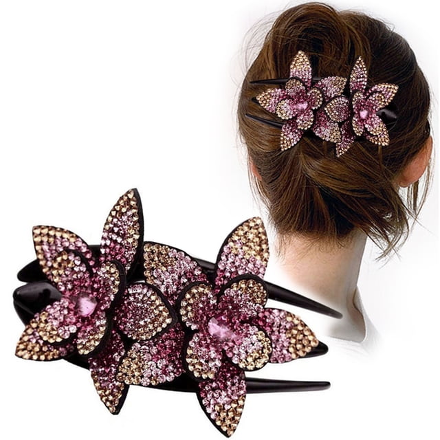 Pinza para el pelo con forma de pico de pato y diamantes de imitación, con doble flor brillante, para mujeres y niñas, color champán y morado, talla S