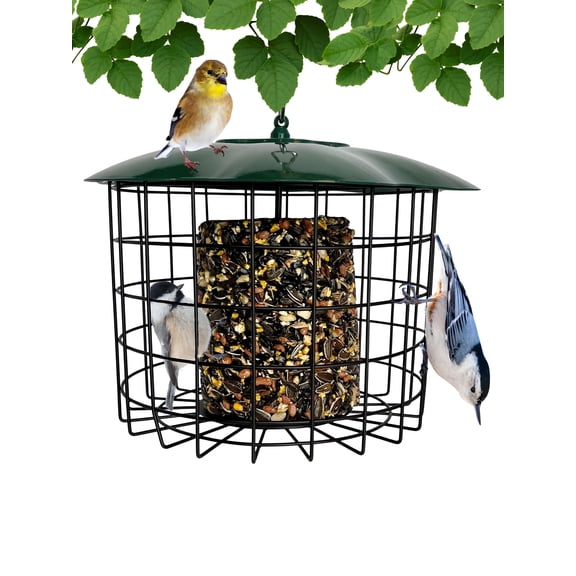 Backyard Essentials Squirrel Proof Suet Feeder - Metal Squirrel Defeater Suet Cage Holds 1 Seed or Suet Log - Green Metal Roof