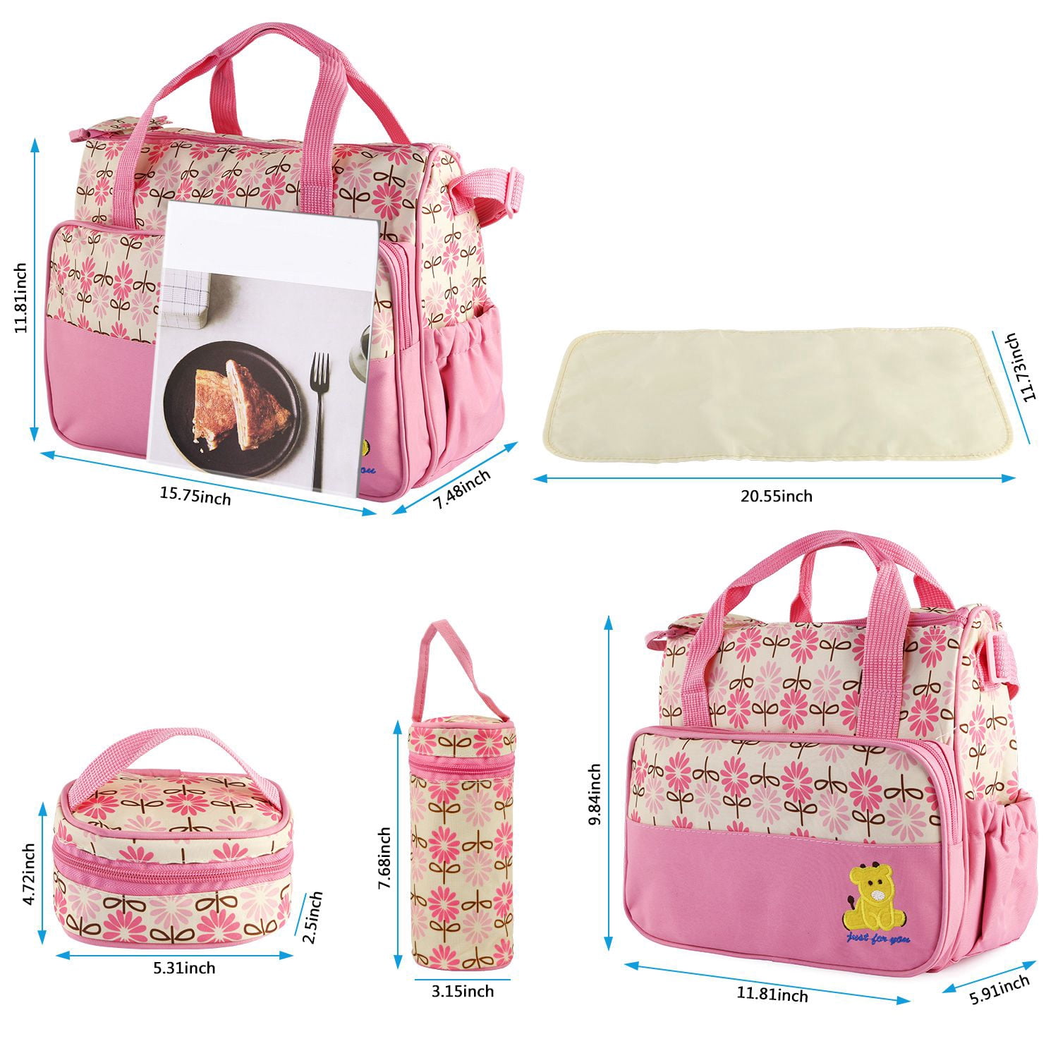 Moclever 5Pcs Mummy Diaper Tote Baby Bags Set Dad Diaper Shoulder Bags With Nappy Changing Pad Pockets Travel Tote Bags Pink