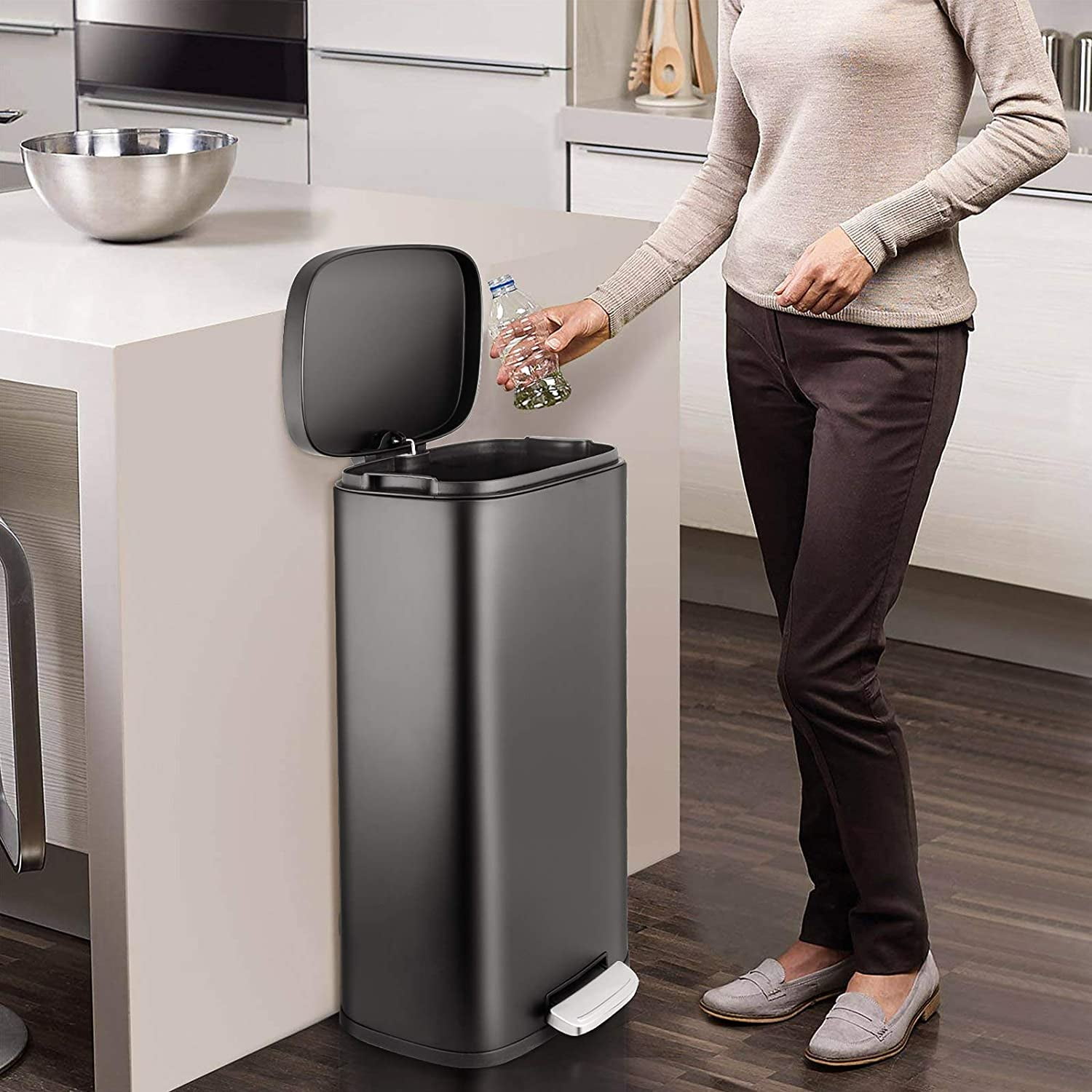 LAZY BUDDY 8 gal Stainless Steel Kitchen Trash Can, Step Garbage Can with Soft-Close Lid for Home