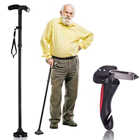 Walking Cane with Free Car Cane, Tips & LED Lights - Lightweight, Adjustable, Foldable, Pivoting Base, Quad Travel Balance Stick Support for Elderly Men and Women - Walker for